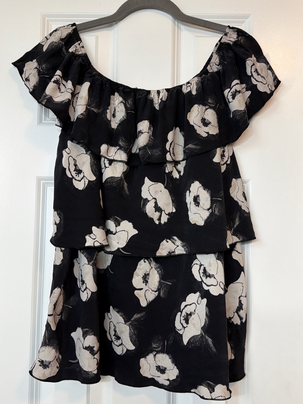 White House Black Market Black Floral Off-Shoulder Ruffle Top